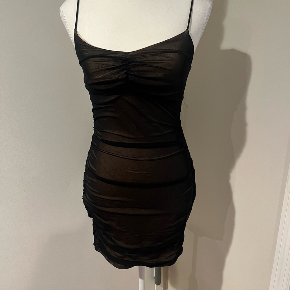 Stylive Black Ruched Mesh Mini Dress